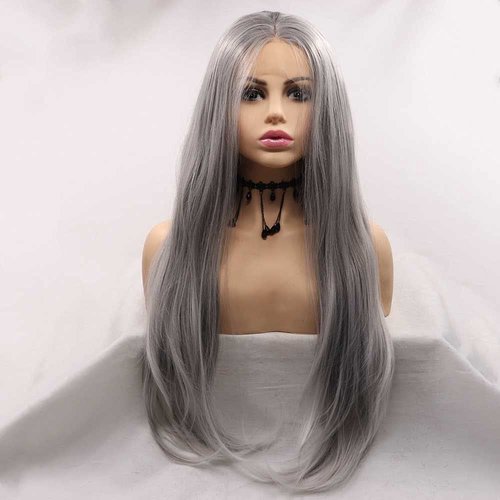 melody wig Synthetic Grey Lace Front Wigs Long Natural Straight Wigs For Women Hair Wig Heat Resistant Fiber Long Blonde Tips Wigs Smoke Grey Wigs