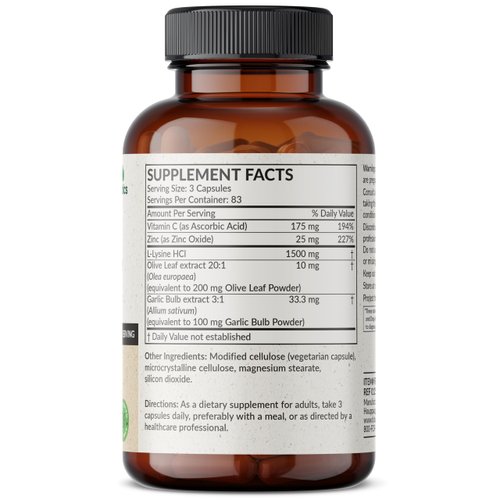 Futurebiotics L-Lysine Defense Immune Support Complex 1500 MG Per Serving with Vitamin C, Zinc, Olive Leaf & Garlic - Non-GMO, 250 Vegetarian Capsules