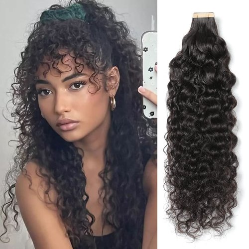 ShowJarlly 40PCS Curly Tape in Hair Extensions Invisible Double Sided Curly Human Hair Tape in Extensions for Black Women Skin Weft Curly Tape in Hair Extensions Real Human Hair(14inch Natural Black)
