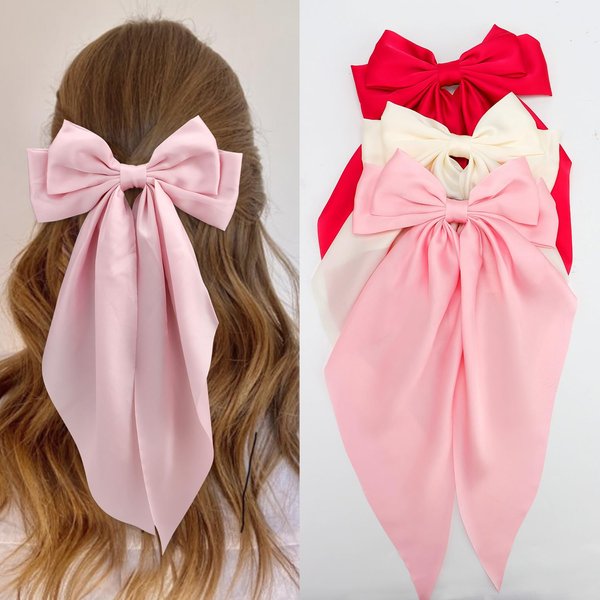 SuPoo 3pcs Pink Hair Bows for Women Hair Bow Clips Satin Hair Barrettes Hair Ribbon Bows for Hair Bowknot Oversized Hair Bow Clips Long-tail Cute Aesthetic Hair Accessories Christmas Gifts Red White