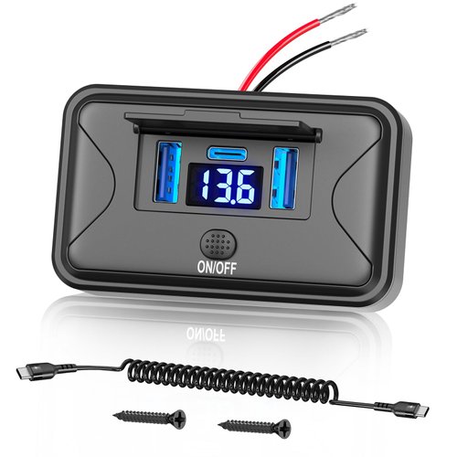 72W 12V USB Outlet Panel Wall Mount Qidoe Dual Quick Charger & 36W PD Surface Mount Car USB Port With Voltmeter Button Switch for Car Bus RV Truck