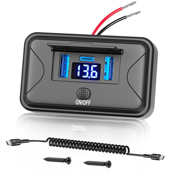 72W 12V USB Outlet Panel Wall Mount Qidoe Dual Quick Charger & 36W PD Surface Mount Car USB Port With Voltmeter Button Switch for Car Bus RV Truck