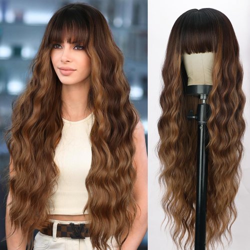 XIXIBI 30 Inch Long Wigs with Bangs Ombre Brown Wigs for Women Brown Mixed Blonde Highlight Wig Synthetic Curly Wavy Heat Resistant Wigs for Daily Party Use