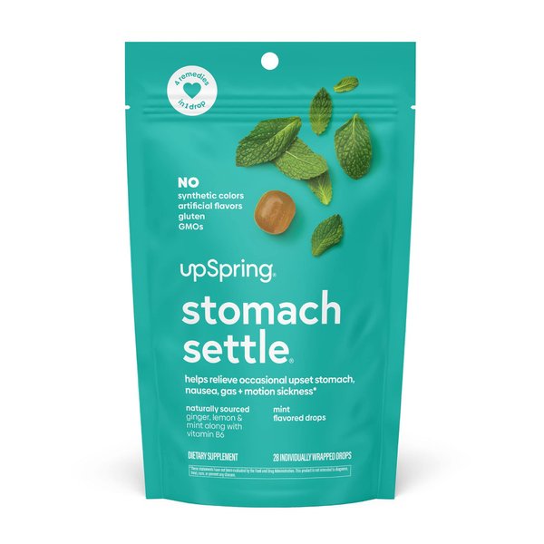 UpSpring Stomach Settle Drops for Occasional Nausea Relief/Upset Stomach with Ginger, Lemon, Spearmint, and B6. Mint Flavor Drops, 28 Ct(Packaging May Vary)