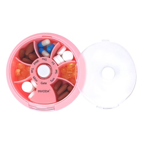 Pill Case 2 Pack Travel Daily Pill Organizer Round Portable Pill Container 7 Day Vitamins Fish Oils Supplements Pill Box (Pink+Green)