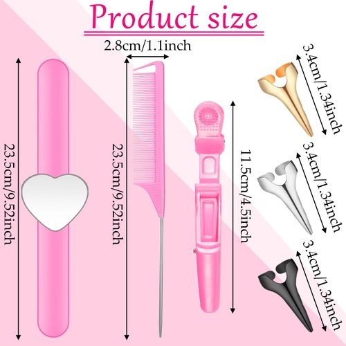 22 Pieces Magnetic Wrist Sewing Pincushion Hair Braiding Tools Pin Wristband Stainless Steel Pintail Rat Tail Comb Wide Teeth Alligator Sectioning Hair Clip Hair Parting Ring Tool for Hair (Pink)