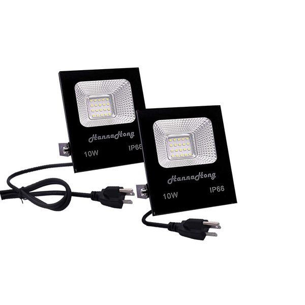 HANNAHONG 10W 2pack LED Flood Light Plug in,1100 Lumen,Super Bright Security/Work/Plant Grow Light,IP66 Waterproof Outdoor,Daylight White Reflector Spotlight for Porch, Garage,Patio,Yard,Lawn
