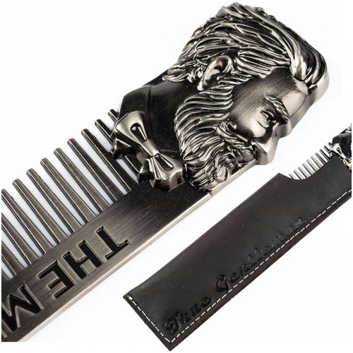 Metal Comb for Men – Hair and Beard Comb with Leather Sheath Case – Premium Steel Zinc Alloy Mens Comb – Fine Tooth Barber Comb for Beard, Mustache and Hair Care – Hair Detangler for Men