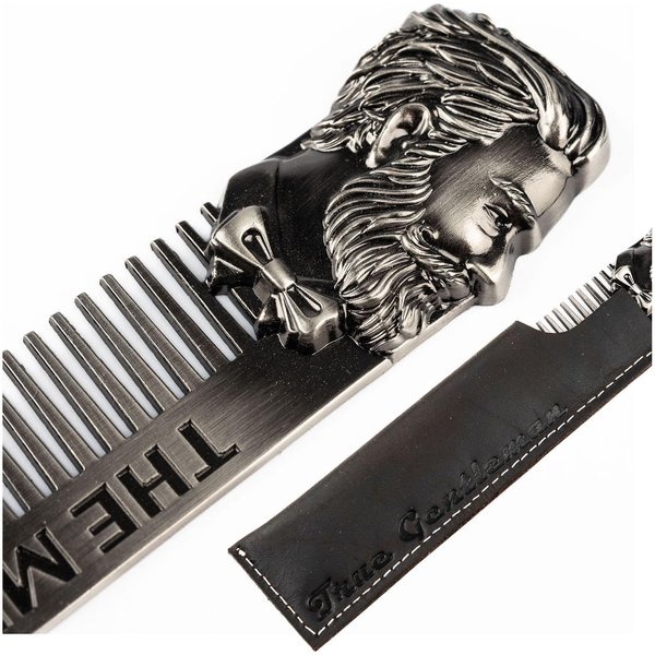 Metal Comb for Men – Hair and Beard Comb with Leather Sheath Case – Premium Steel Zinc Alloy Mens Comb – Fine Tooth Barber Comb for Beard, Mustache and Hair Care – Hair Detangler for Men
