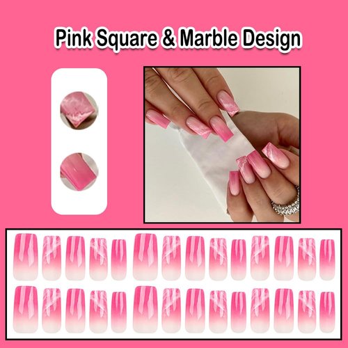 ANDGING Pink Press on Nails Medium Square Ombre Fake Nails with Marble Design Gel Acrylic Glue on Nails for Wedding Birthday Gradient Stick on Nails for Women Manicure False Nails with Glue ALP888L