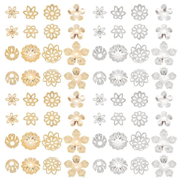 PH PandaHall 24K Gold Plated Flower Bead Caps, 64pcs 8 Shapes Flower End Cap Brass Multi-Petal Bead Cap Bails End Charm Caps Spacer Beads for Earring Bracelet Necklace Jewelry Craft, Golden/Platinum