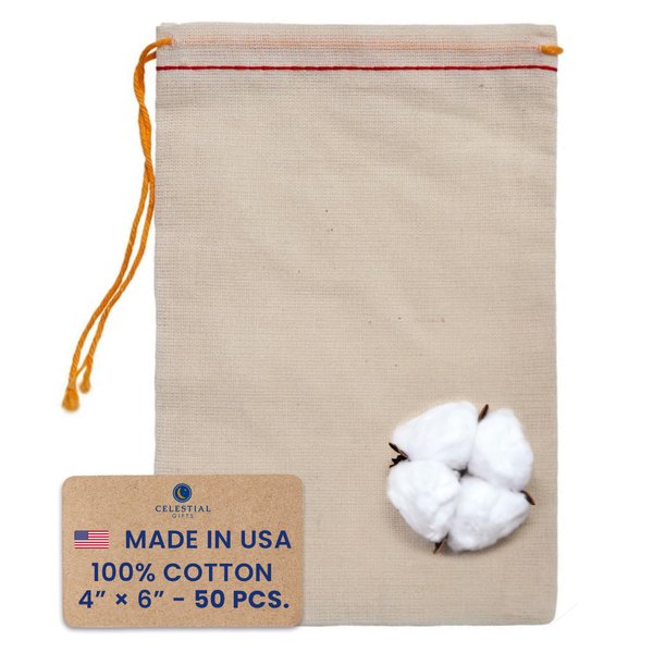 Celestial Gifts Muslin Bags - 100% Cotton Drawstring Bags Medium 50pcs, 4x6, Reusable Tea Bags, Jewelry Gift, Spice and Pouch Gift Sachet Bags - Made in USA - (Red Hem and Orange Drawstring)