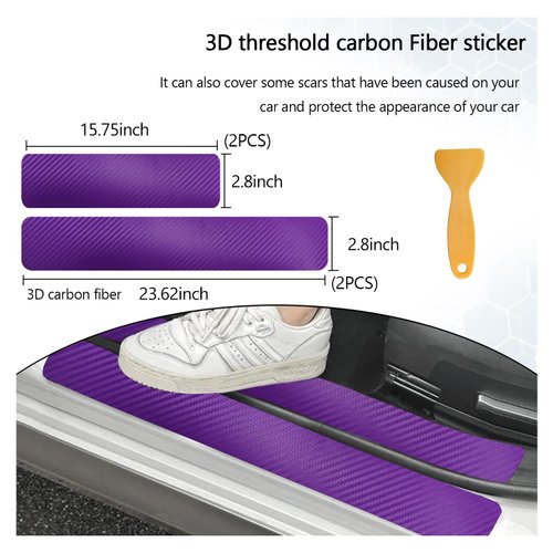 Dickno 4 PCS Car Door Sill Protector, 3D Carbon Fiber Auto Door Entry Edge Guard Protection Trim, Anti-Scratch Threshold Cover Strips, Sill Protection Sticker for Car SUV Truck (Purple)