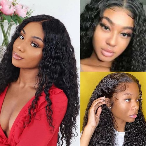 ASVNRES Lace Front Wigs Deep Wave Synthetic Artificial Human Hair Pre-Plucked Glueless Wigs 23.6-Inch-Long Black Wavy Wigs for Women Synthetic Wigs Natural Black Curly Hair Wig