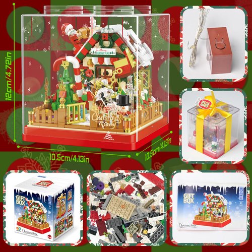 Christmas Themed Gingerbread House Building Block Set with Clear Display Box, LED, 654 Pieces Christmas Toy Set, Christmas Scene, Santa, Tree, Sled Dog, for Adult, Teen, Boy and Girl.