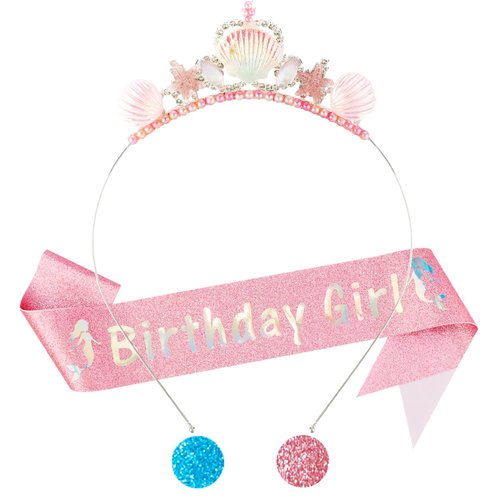 Didder Pink Mermaid Birthday Sash and Seashell Headband Party Outfit for Girls, Mermaid Theme Birthday Party Decorations Gifts for Little Girls