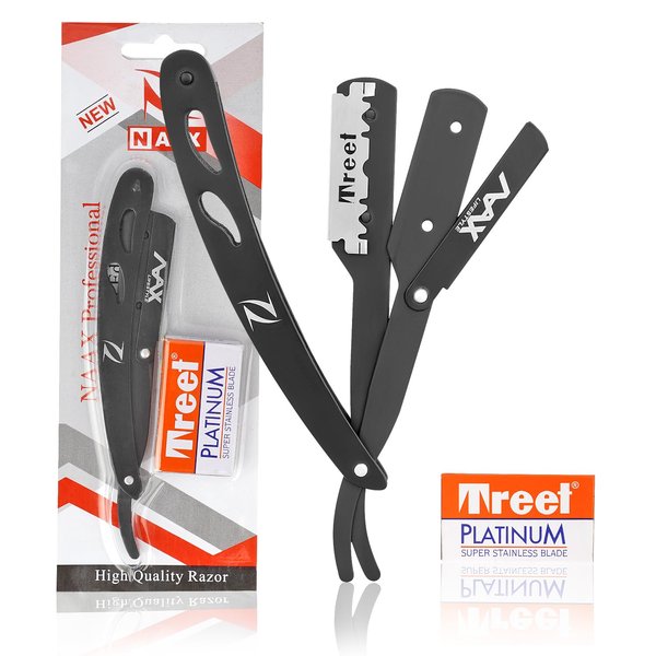 NAAX Professional Barber Straight Edge Razor Safety-Straight Razor-Close Shaving Men's Manual Shaver-Razor Blade for Close Men Shaving Knife- Black Premium Quality