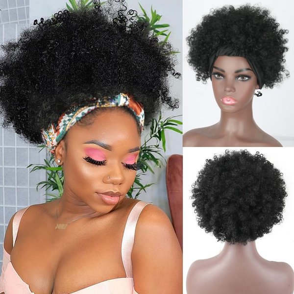 FBKDFCZS Afro Kinky Curly Wig Headband Wigs for Black Women Natural Black Glueless Afro Wigs with Headbands Attached Afro Curly Headband Wigs Synthetic Afro Scarf Wigs for Womens Afro Wigs