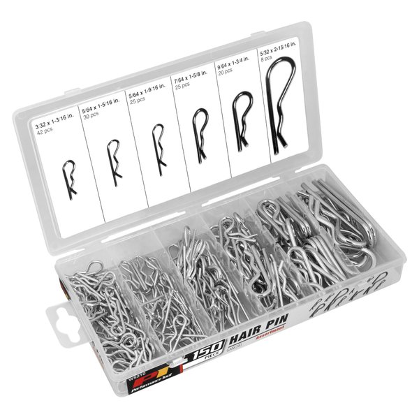 Performance Tool W5210 Hair Pin Assortment Kit, 150 Piece | Zinc Plated Steel Clips | For Use on Hitch Pin Lock System