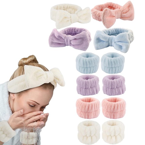 GRITOSE 12 PCS Headband & Wristband Set，Bow Makeup Headband for Washing Face,Soft Makeup Skin Care Hair Accessories for Girls, Bubble Make Up Sleepover Party Supplies (White Pink Blue Purple)
