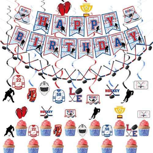 27 Pcs Hockey Birthday Party Supplies Ice Hockey Party Favors Hockey Banner Cupcake Toppers Hanging Swirls Hockey Party Decorations for Hockey Fans Birthday Party Decorations