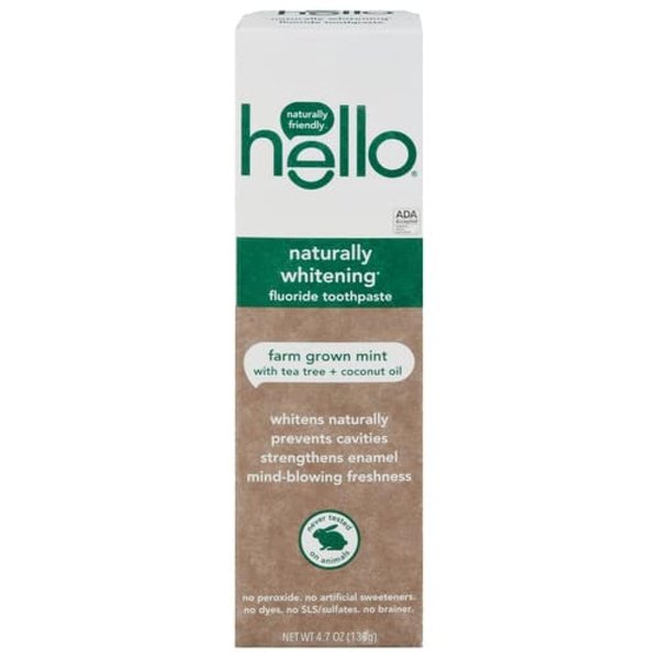 Hello Oral Care Naturally Whitening Fluoride Toothpaste, Vegan & SLS Free, Farm Grown Mint with Tea Tree Oil Coconut Oil, 4.7 Ounce