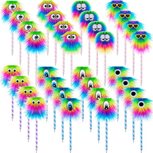 32 Pieces Rainbow Fluffy Monster Pens Cute Fun Pen for Monster Party Favors School Office Birthday Carnival Party Favor Supply