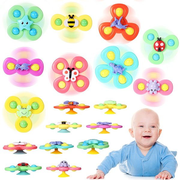 Leitee 9 Pcs Suction Cup Toys Bath Toys Sensory Toys Strong Suction Cup Toys Spinner Dimple Toy Birthday Gifts for Early Education Bathtub Dining Chairs, 3 Styles(Cute Style)
