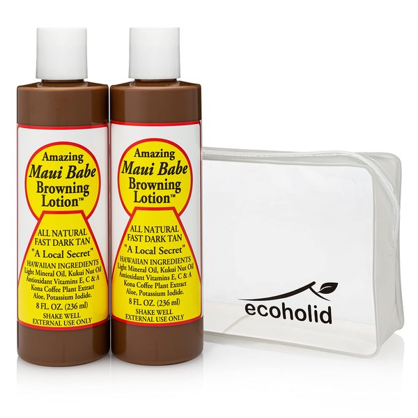 Maui Babe Browning Lotion 8oz (2 Pack) with Ecoholid Cosmetic Bag – Suntan Lotion for Outdoor or Indoor Tanning Bed