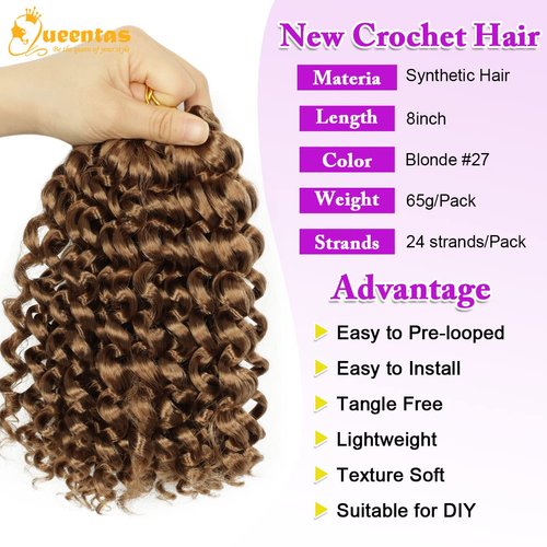 QUEENTAS 6Packs Jamaican Bounce Crochet Hair Extensions 8 inch Ringlet Wand Curl Gogo Crochet Hair Curly Crochet Braids Water Wave Crochet Braiding Hair 72 Roots (8inch,#27)