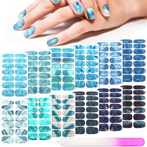 168 Pieces 12 Sheets Full Wrap Nail Polish Stickers Self Adhesive Glitter Gradient Marble Color Nail Decal Strips with Glass Nail File for Women Girls DIY Nail Craft (Vibrant Style)