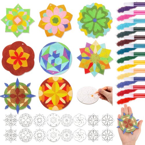 Weekgrat 24 Pcs Fall Wooden Sand Art Kits Diwali Mandala Sand ArtKits with 12 Colored Sand Self Adhesive Sand Painting for DIY Thanksgiving Diwali Christmas Festival Party Favors Gifts(Mandala)