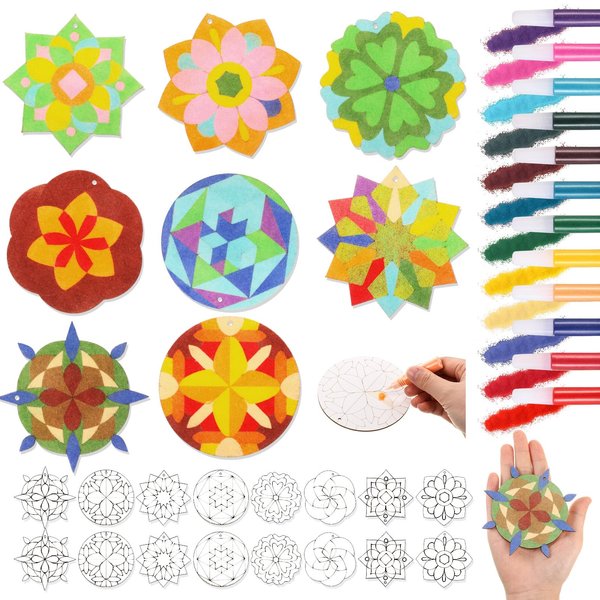 Weekgrat 24 Pcs Fall Wooden Sand Art Kits Diwali Mandala Sand ArtKits with 12 Colored Sand Self Adhesive Sand Painting for DIY Thanksgiving Diwali Christmas Festival Party Favors Gifts(Mandala)