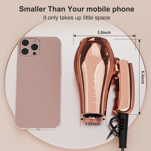 LURA Mini Portable Travel Hair Dryer:Dual Voltage Small Lightweight Blow Dryer with EU Plug,1200W Compact Hairdryer with Folding Handle,with Concentrator&Diffuser Attachment,for Women and Men