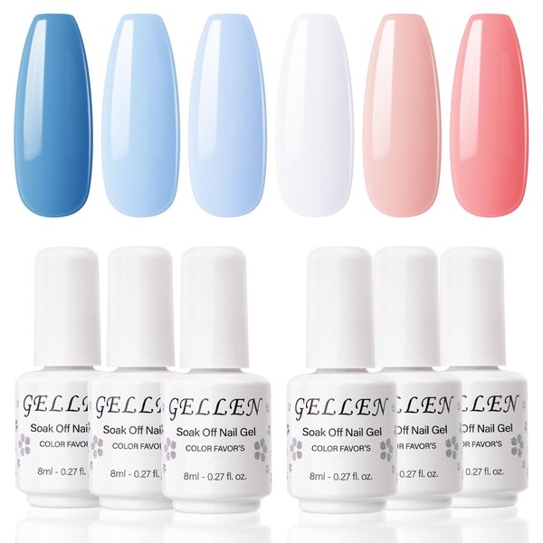 Gellen Gel Nail Polish Set - 6PCS Blue Summer Gel Polish Set, White Orange Soak Off Nail Polish Kit DIY Manicure Nail Art at Home