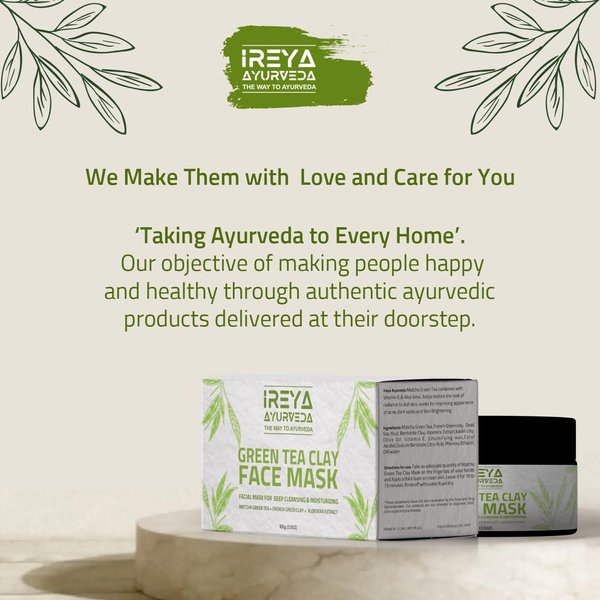 Ireya Ayurveda Green Tea Clay Mask with French Green Clay Moisturizing & Hydrating Clay Facial Mask, Deep Cleansing Facial Mask with kaolin clay, Vitamin E, Bentonite Clay, & Aloe Vera Extract