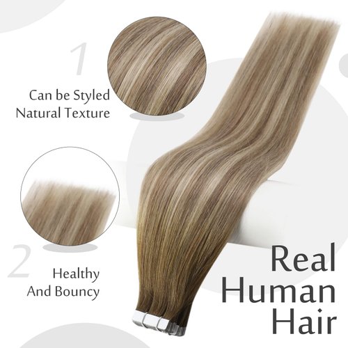 Full Shine 22 Inch Tape Human Hair Extensions Seamless Pastel Invisible Tape Real Hair Extensions Dark Brown Roots Color 3 Fading to 8 and 22 Blonde Highlighted Balayage Tape Hair Extensions