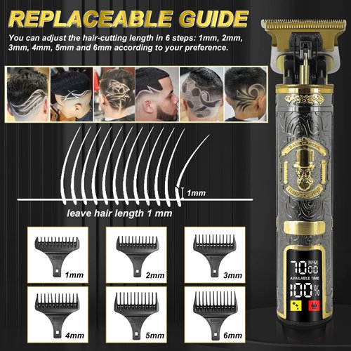 Hair Clippers Men Kit, Beard Trimmer for Men, Hair Trimmer Men, Professional Hair Clippers with 6 Limit Combs, 3 Adjustable Speeds Cordless LCD Barber Clippers Gifts for Men, Type-C Charging, Black