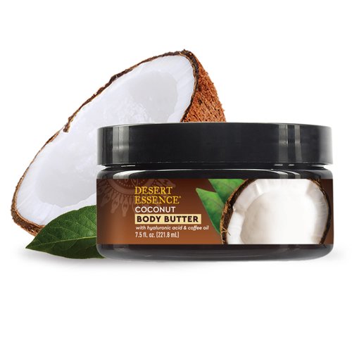 Desert Essence Coconut Body Butter 7.5oz, Hyaluronic Acid & Coffee Oil, Deeply Moisturizing and Nourishing, Antioxidant Rich, Moisture Rich Botanicals Coconut Oil & Moringa Oil