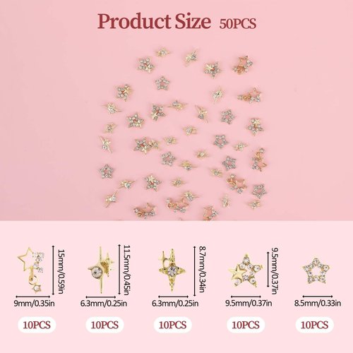 50 PCS Gold Stars Nails 3D Nail Charms for Acrylic Nails, Shiny Gold Star Nail Charms Rhinestones for Nail Art Supplies Women Girls Manicure Design DIY