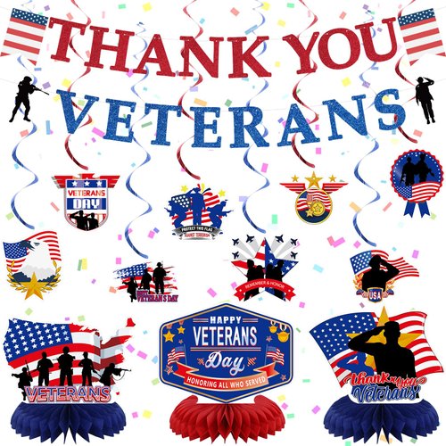 Veterans Day Party Decorations,Thank You Veterans Banner Hanging Swirls and Table Decorations Honeycomb Centerpieces for Veterans Police Military Army Employees, Memorial Day Veterans Day