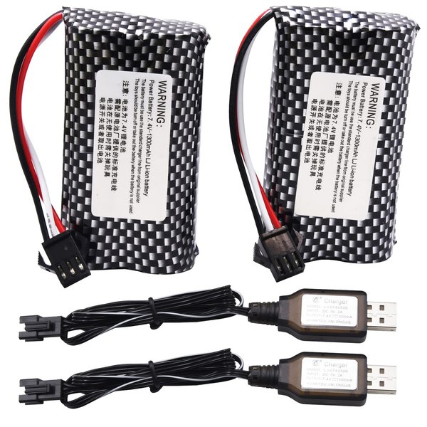Blomiky 2 Pack 7.4V 1300mAh Li-ion Rechargeable Battery with SM3P Plug and Charger Cable Replacment for Huina 1575 RC Construction Truck / 1575 Battery 2