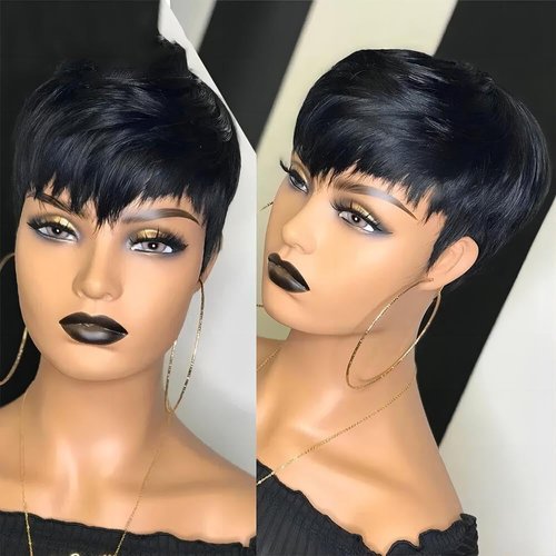 Rebecca Fashion Pixie Cut Wig Human Hair Lace Top Wigs Short Human Hair Wigs with Bangs Brazilian Virgin Hair Wig for Black Women Natural Color 6 inch