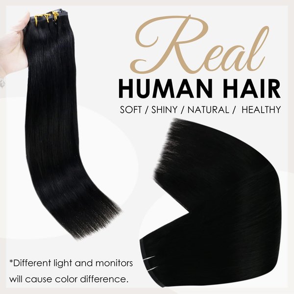 Full Shine Real Hair Extensions Clip in Human Hair Jet Black 22 Inch Tape Clip in Extensions Human Hair Brazilian Real Hair Clip ins Black Human Hair Extensions Invisible Pu Weft 8Pcs 120 Grams