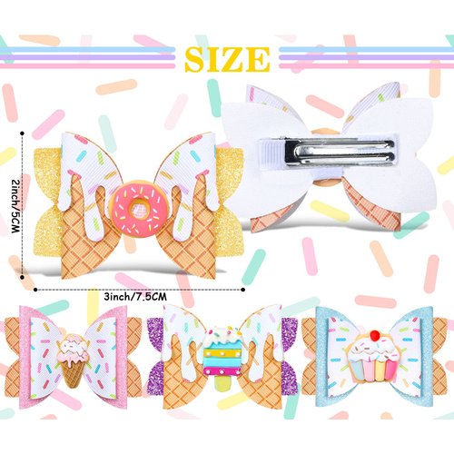 Whaline 4Pcs Dessert Glitter Bow Hair Clips Cupcake Donut Ice Cream Hair Bow Barrette Summer Colorful Leather Hairgrips Sparkly Alligator Clips for Girls Women Hair Accessories Birthday Party Supplies