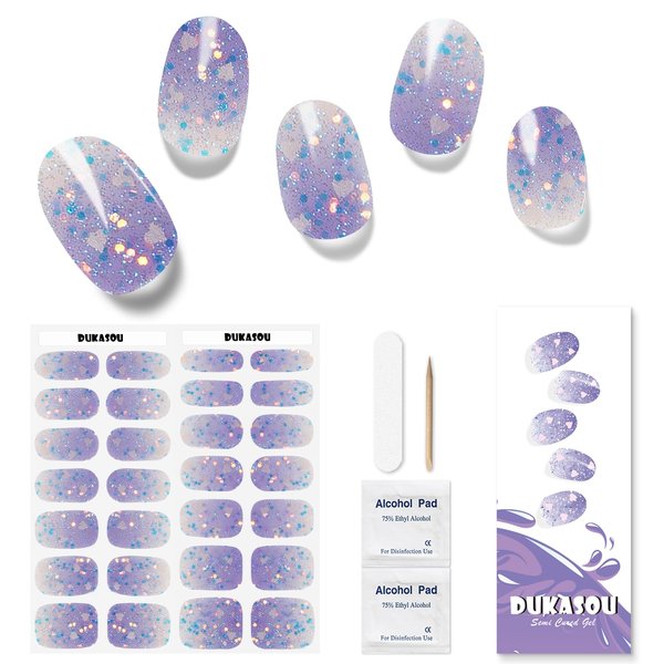 DUKASOU Semi Cured Gel Nail Strips, 28pcs Gradient Love Gel Nail Strips with Any UV Light, Gel Nail Stickers Full Nail Wraps for Women Girls Kids DIY Gift, Include Prep Pads, Nail File&Wood Stick