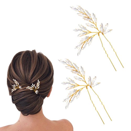 Generic Bridal Wedding Hair Pins for Women Rhinestone Gold Vine Bride Hairpiece Elegant Handmade Gift for Women Girls(2 pcs)