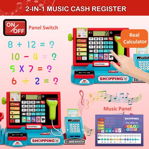 Wee Wonders 63PCS Cash Register for Kids, Kids Cash Register with Real Calculator, Pretend Play Store with Music/Motorized Conveyor/Play Money/Food Toys, Learning Toys for Boys Girls 3+, Red
