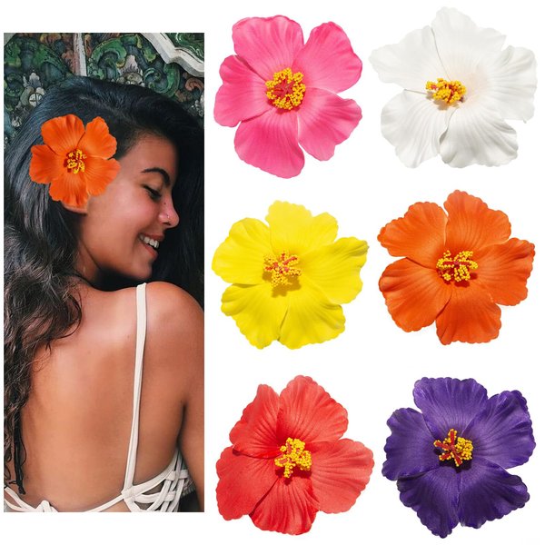 Generic Hawaiian Flower Hair Clips for Women, 6Pcs Plumeria Claw Clips for Think Thin Hair, 3.5 Inch Artificial Flower Clips for Vacation Beach Party (Hibiscus)