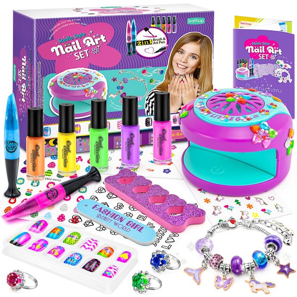 BATTOP Kids Nail Polish Kit for Girls Ages 7-12 Years Old - Nail Art Studio Set - Cool Girly Gifts with Nail Polish, Pen, Dryer, Sticker, Charm Bracelet Making Kit & Ring